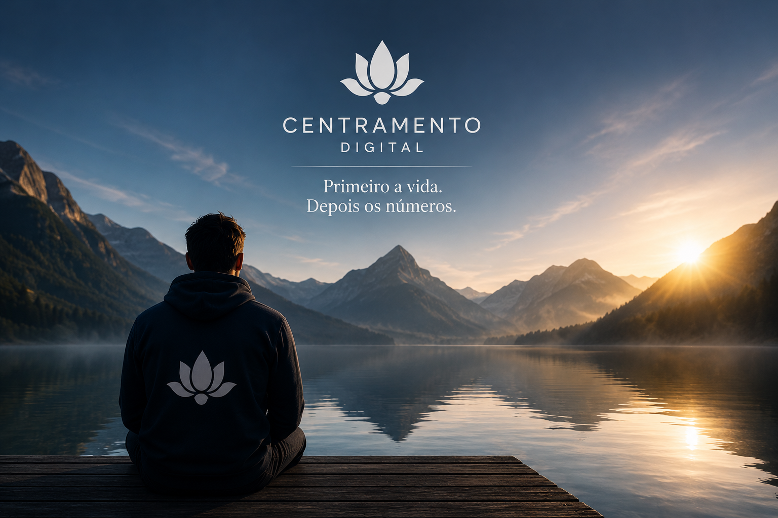 Pessoa diante de um lago e montanhas usando casaco do Centramento Digital